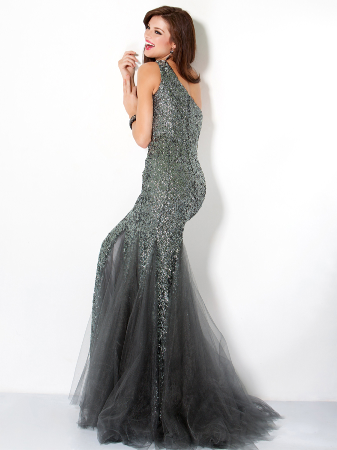 Dark Grey One-Shoulder Floor Length Mermaid Sequined Tulle Prom Dress