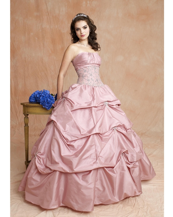 Pearl Pink Strapless Full Length Ball Gown Taffeta Quinceanera Dresses With Beadings And Drapes