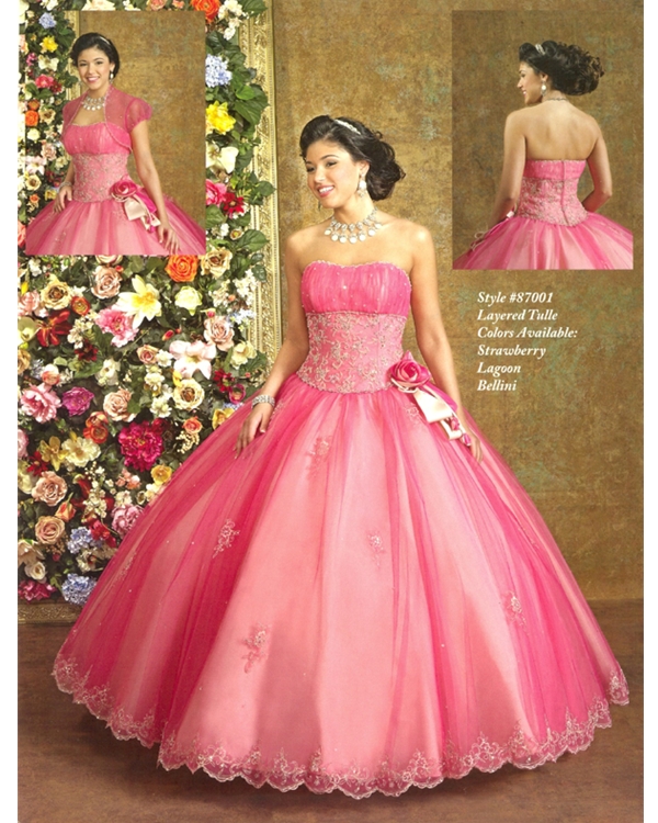 Prosperous Pink Ball Gown Strapless Full Length Tulle Quinceanera Dresses With Lace Appliques