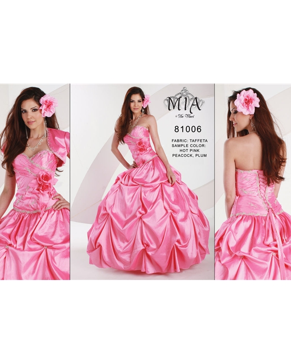 Strapless Sweetheart Floor Length Ball Gown Pink Taffeta Quinceanera Dresses With Flowers