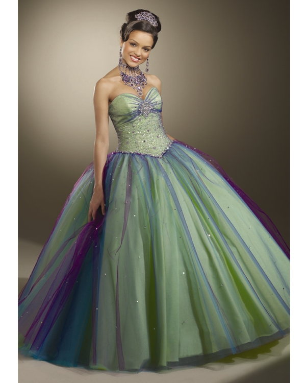 Green And Purple Strapless Sweetheart Floor Length Ball Gown Tulle Quinceanera Dresses With Beadings