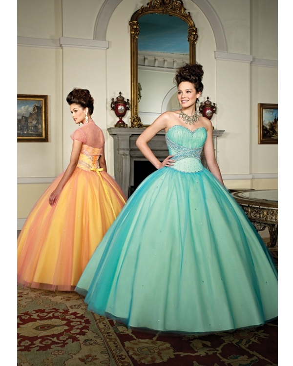 Turquoise Strapless Sweetheart Ball Gown Floor Length Tulle Quinceanera Dresses With Beadings