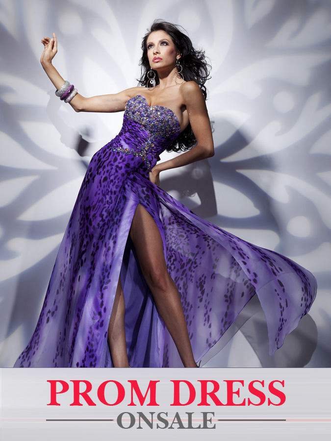 Printed Purple Strapless Sweetheart High Slit Floor Length Prom Dress ...