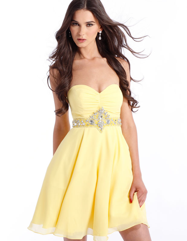 Yellow Strapless And Sweetheart Mini Skirt Chiffon Formal Dresses With Beadings