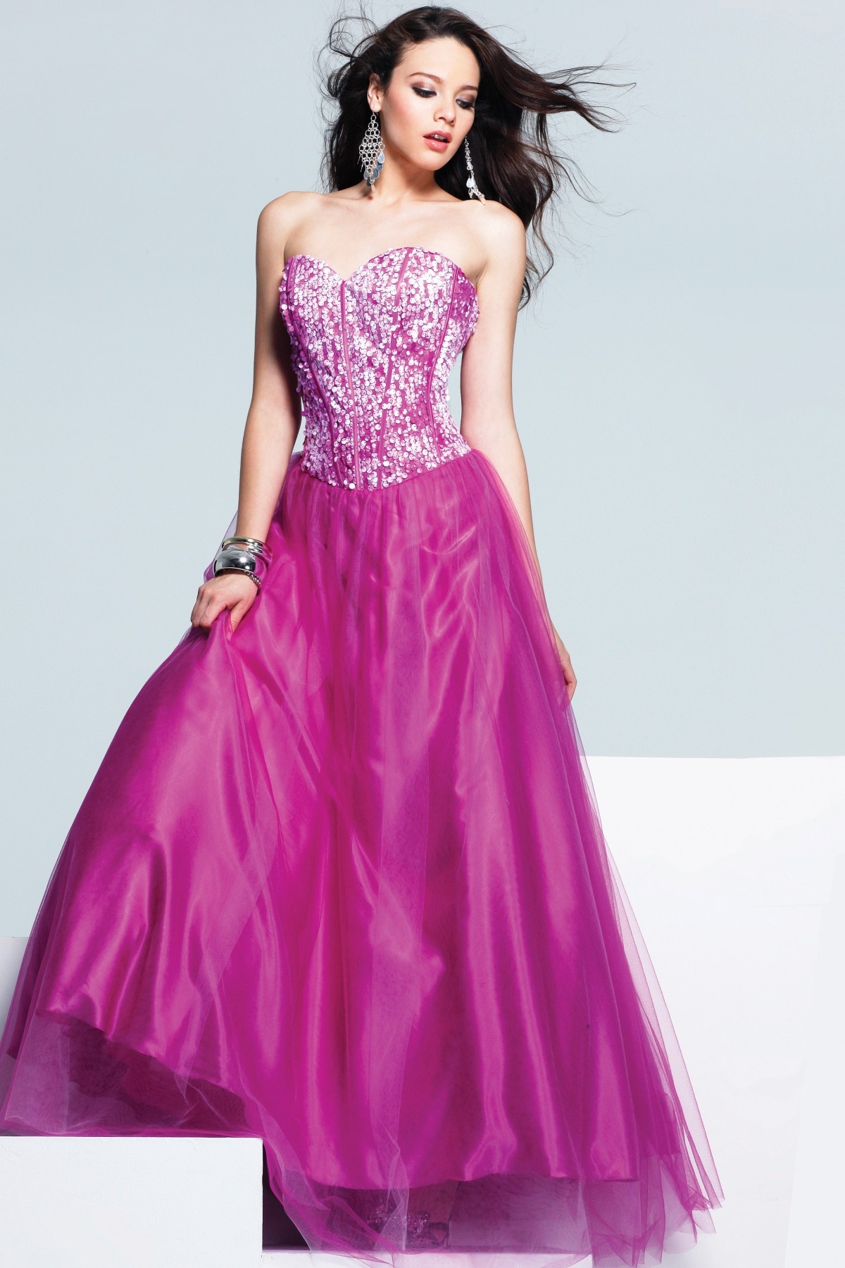 Fuchsia Sweetheart Low Back A Line Floor Length Tulle Sexy Dresses With Sequins