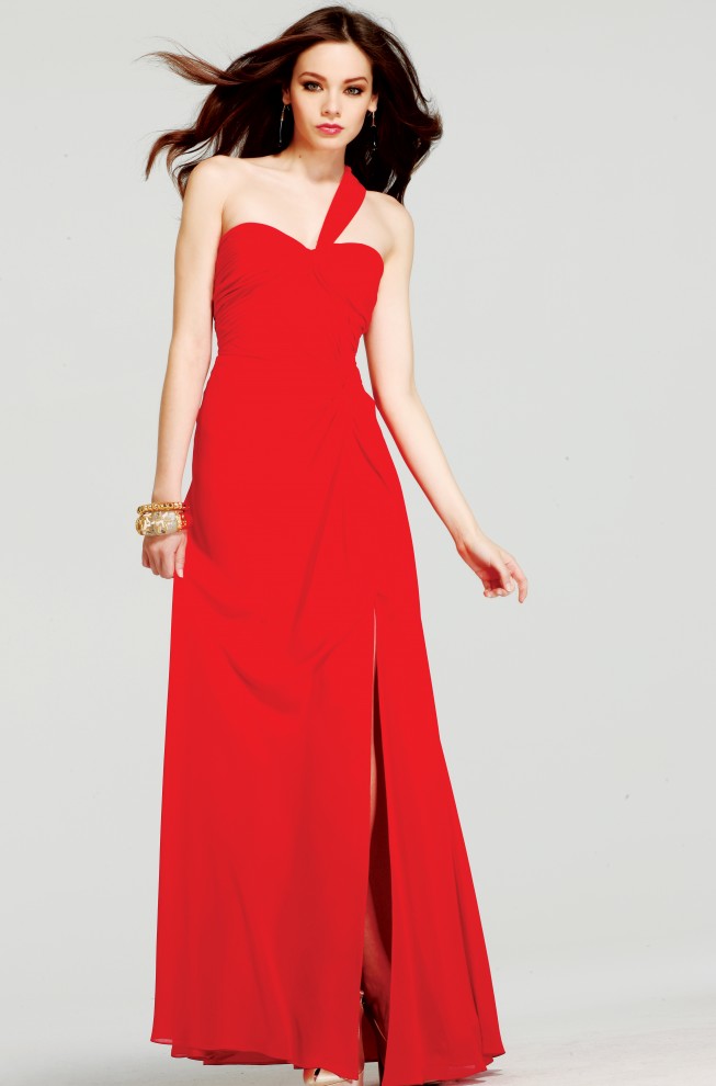 Best Selling Floor Length One Shoulder High Slit Low Back Red Column ...