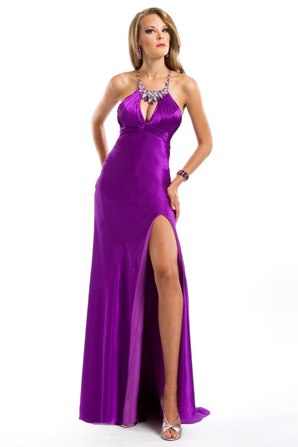 Violet Strap Cross Back High Slit Empire Floor Length Sexy Dresses With Jewel