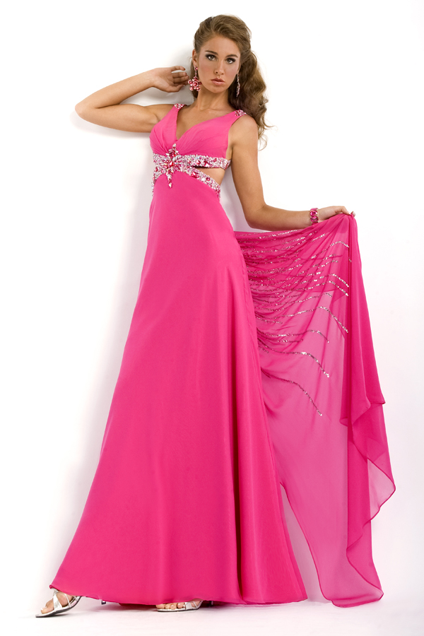 Fuchsia V Neck Cross Back Empire Floor Length Sexy Dresses With Sequins And Beads