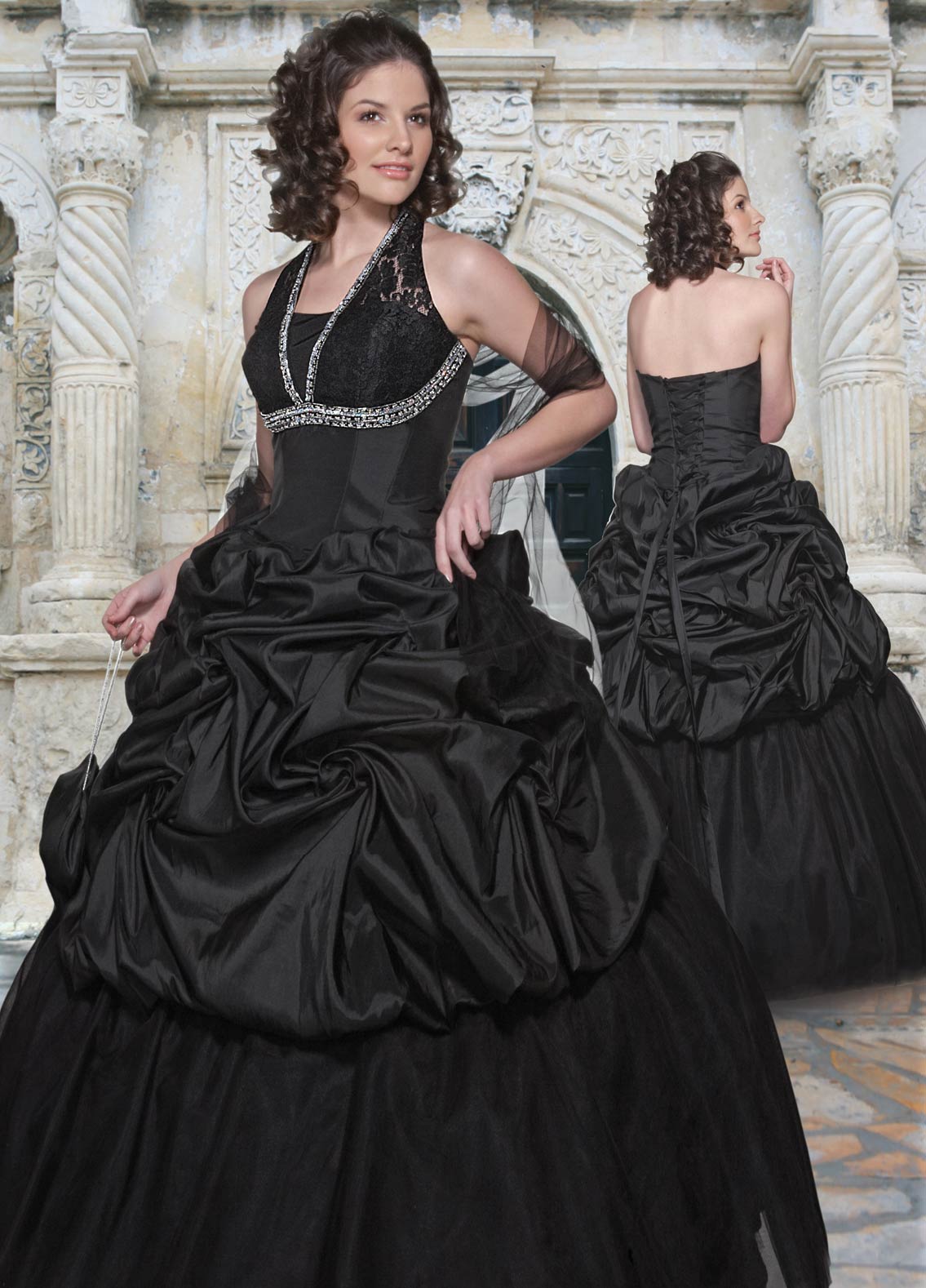 Black Ball Gown Halter and V-Neck Lace up Full Length Quinceanera ...