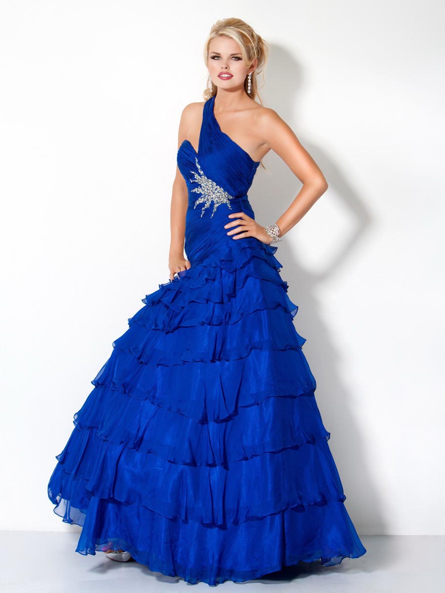 Royal Blue A-Line One Shoulder Floor Length Tiered Evening Dresses With