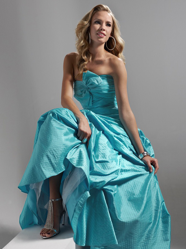 Blue A-Line Full Length Lace up Strapless Prom Dresses With Ruffles and ...