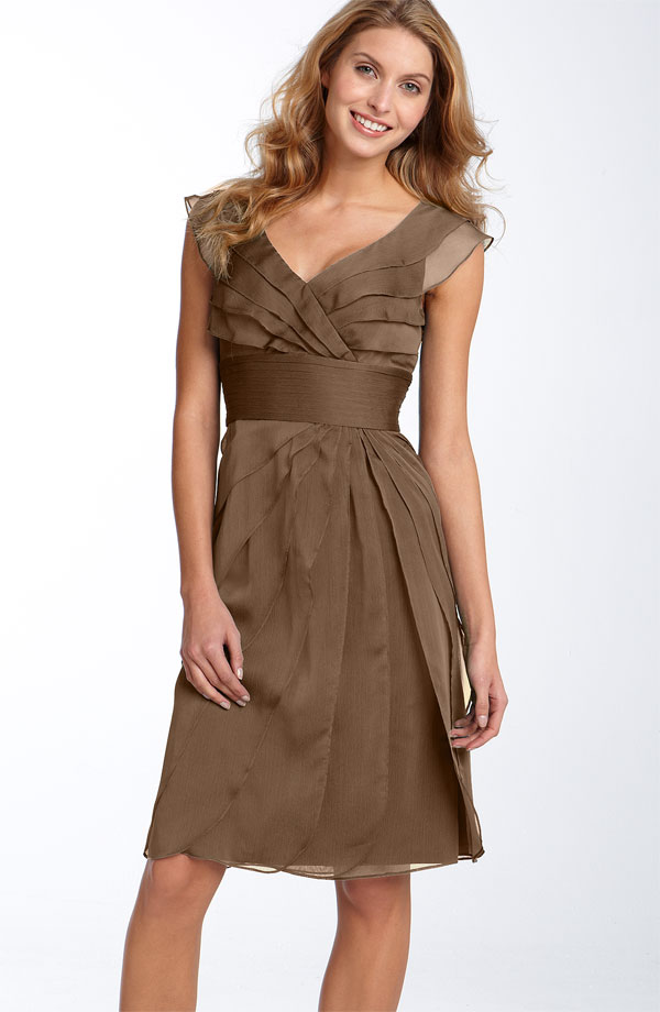 Brown Sheath Column Cap Sleeved V Neck Knee Length Zipper Bridesmaid ...