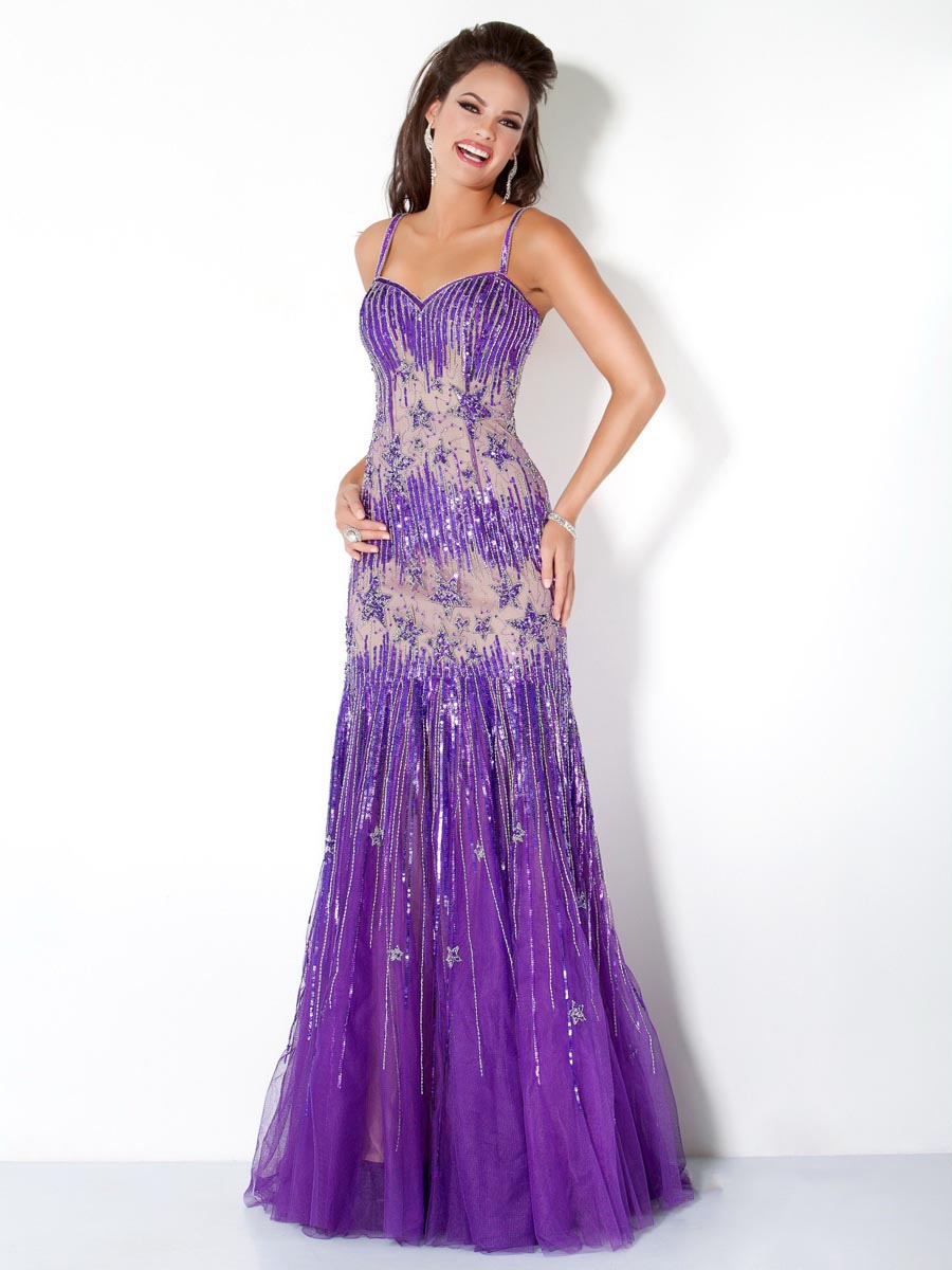 Purple Mermaid Spaghetti Straps Floor Length Sweep Brush Train Sequined ...