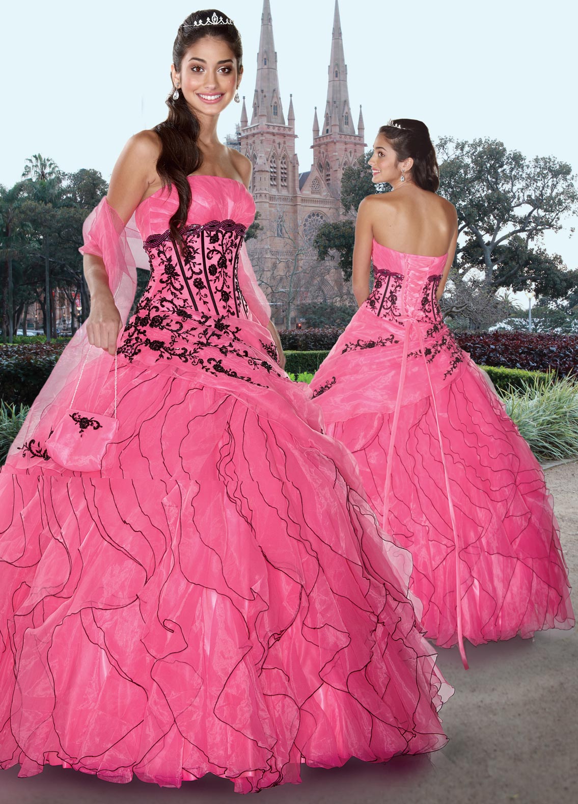 pink and black ball gowns