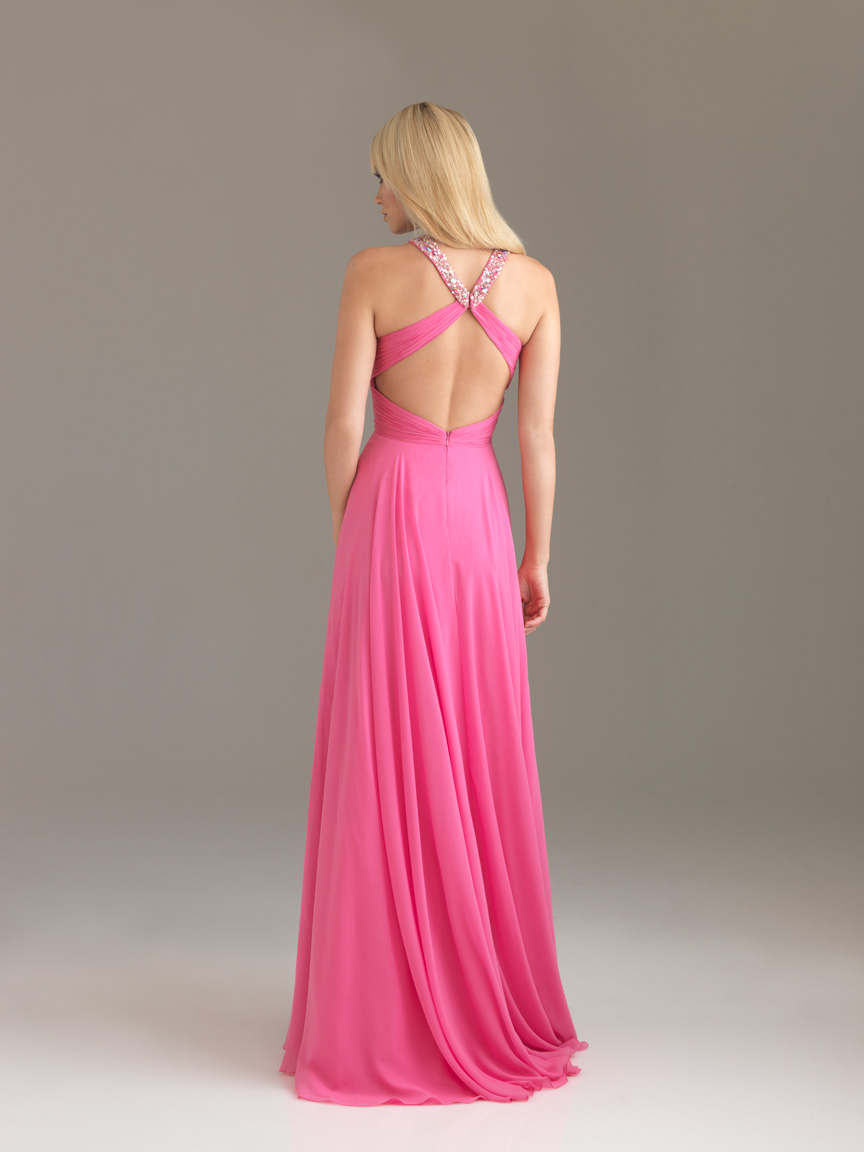 Pink Empire Halter Cross Back Floor Length Chiffon Evening Dresses With ...