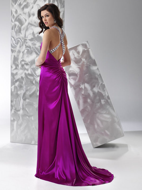 Purple A-Line Halter Cross Back Sweep Train Beading Full Length Evening ...