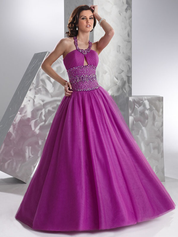 Purple A-Line Halter Open Back Floor Length Tulle Prom Dresses With ...