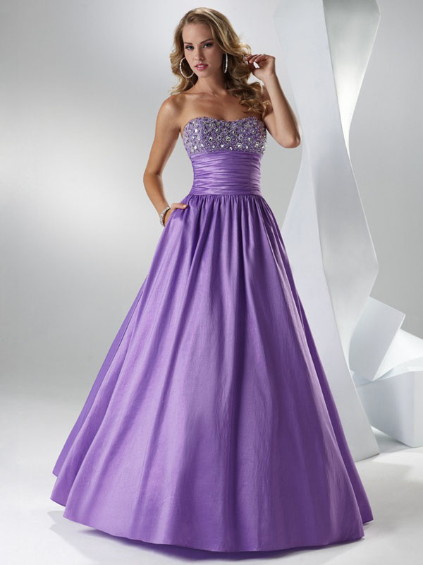Purple A-Line Strapless Sweetheart Low Back Floor Length Satin Prom ...