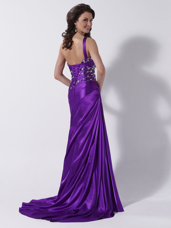 Purple Column One Shoulder Lace up Sweep Train Full Length Evening ...