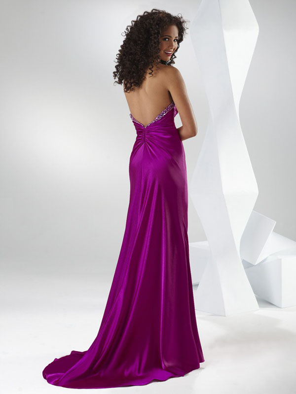 Purple Column Strapless Sweetheart Backless Sweep Train Beading Full ...