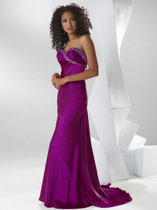 Purple Column Strapless Sweetheart Backless Sweep Train Beading Full ...