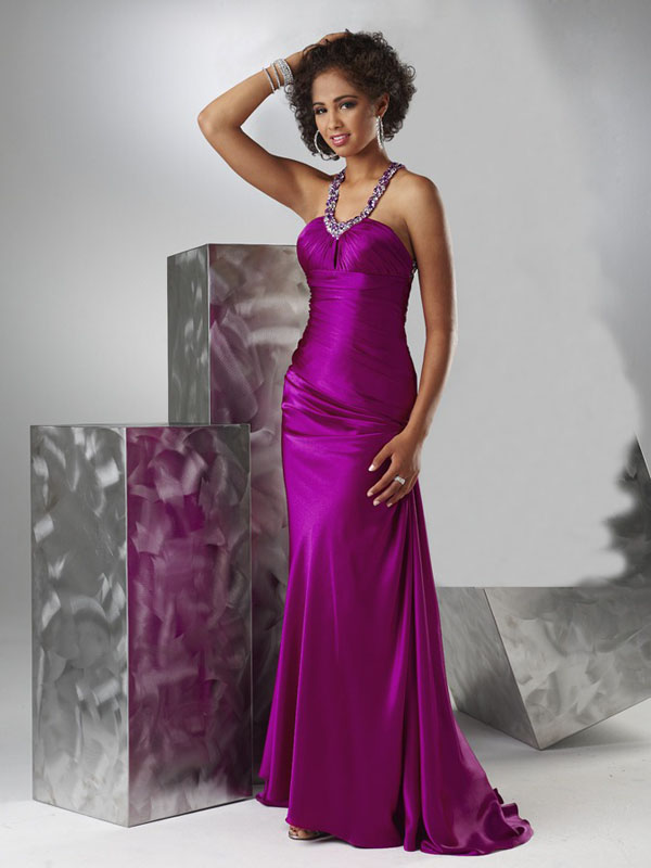 Purple V-Neck and Halter Open Back Beading Sweep Train Floor Length ...