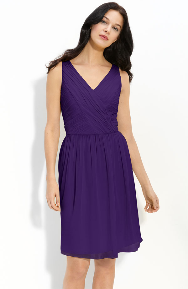 Purple Column V Neck and Sleeveless Zipper Pleated Knee Length Chiffon ...