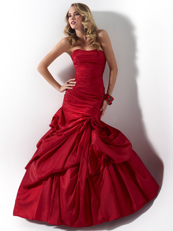 red strapless formal gown