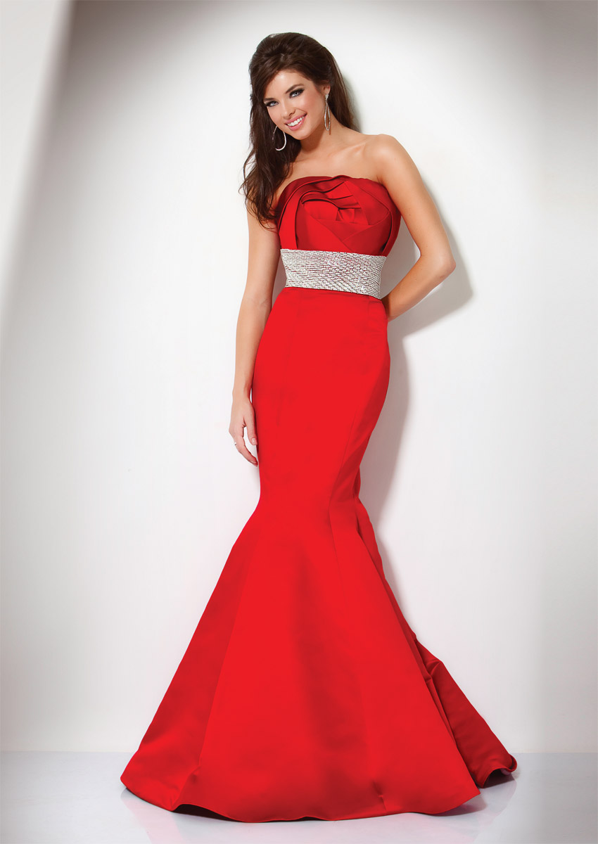 Red Mermaid Strapless Sweep Train Floor Length Satin Evening Dresses