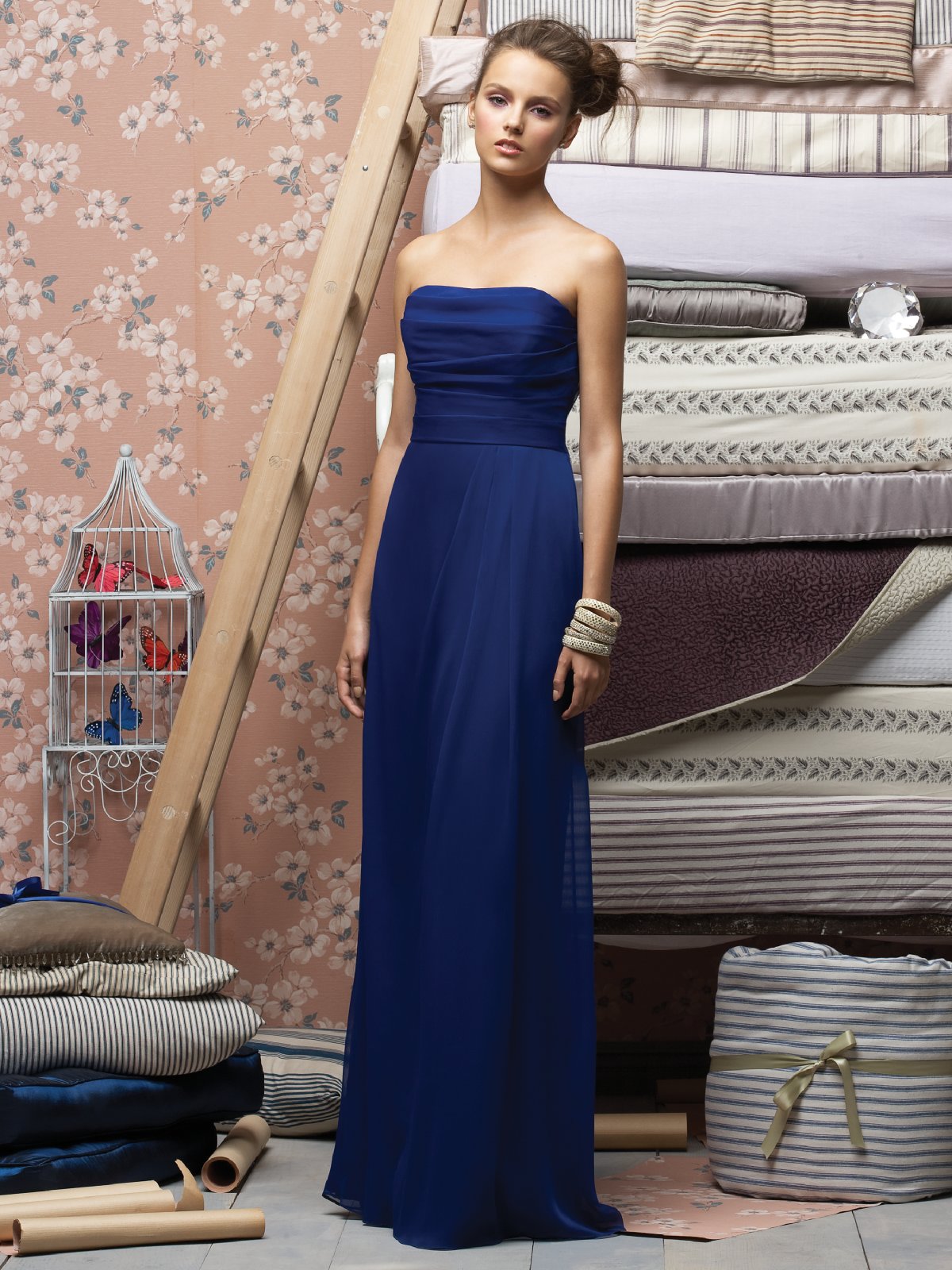 Best Selling Royal Blue Column Strapless Floor Length Ruffled Chiffon Prom Dresses
