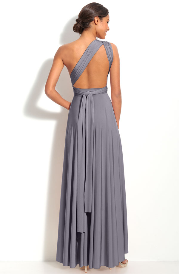 Silver Column One Shoulder Open Back Ankle Length Pleated Prom Dresses
