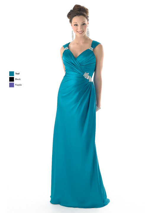 Teal Column V-Neck Cross Back Floor Length Satin Prom Dresses With ...