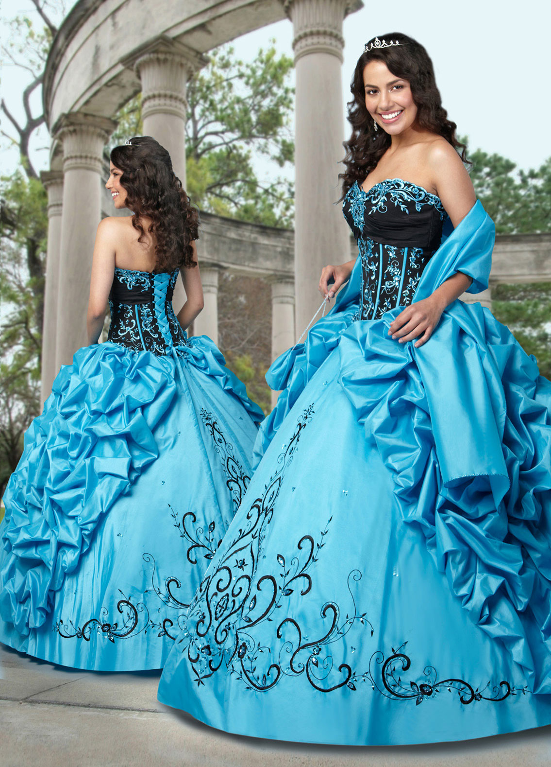 Turquoise And Black Ball Gown Strapless Sweetheart Full Length Quinceanera Dresses With Embroidery And Ruffles