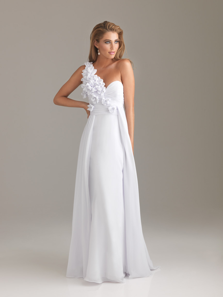 White A-Line One Shoulder Low Back Floor Length Chiffon Evening Dresses ...