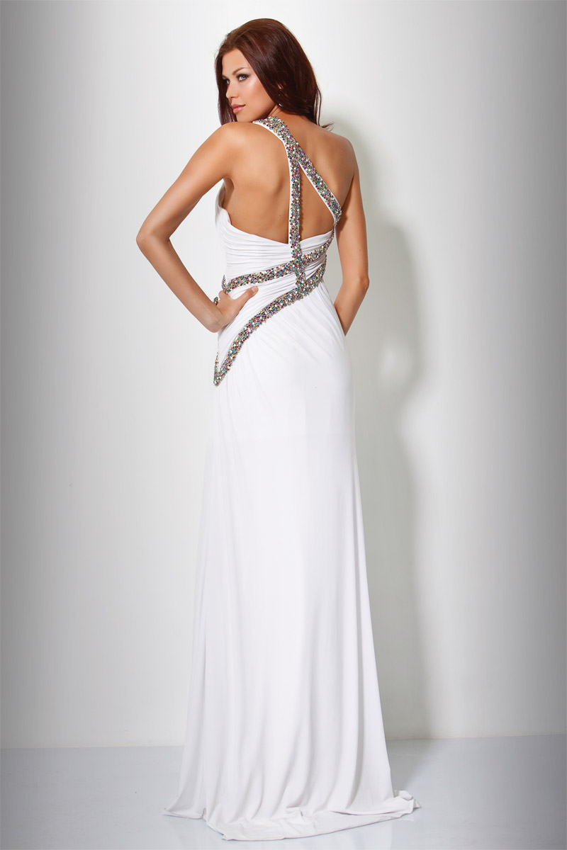 White A-Line One Shoulder Open Back High Slit Sweep Train Full Length ...