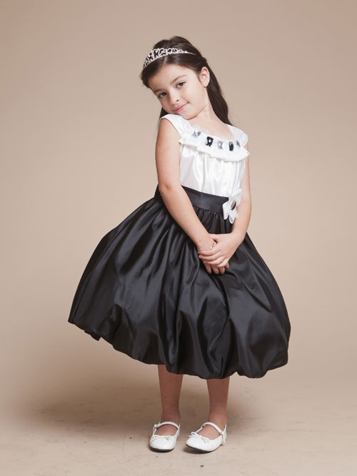 White and Black Scoop Neck Cap Sleeves Tea Length a Line Flower Girl ...