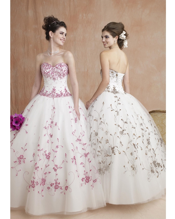 White Ball Gown Strapless Sweetheart Lace Up Full Length Quinceanera Dresses With Fuchsia Embroidery 