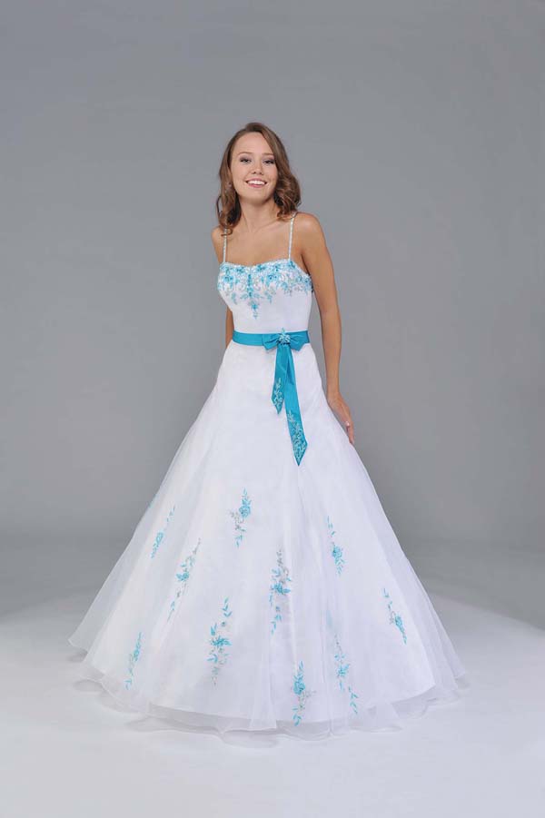White A Line Spaghetti Straps Low Back Zipper Floor Length Quinceanera Dresses With Turquoise Embroidery And Sash 