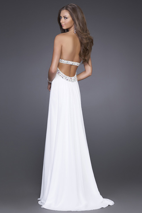 White Empire Strapless Sweetheart Backless Sweep Train Beading Floor