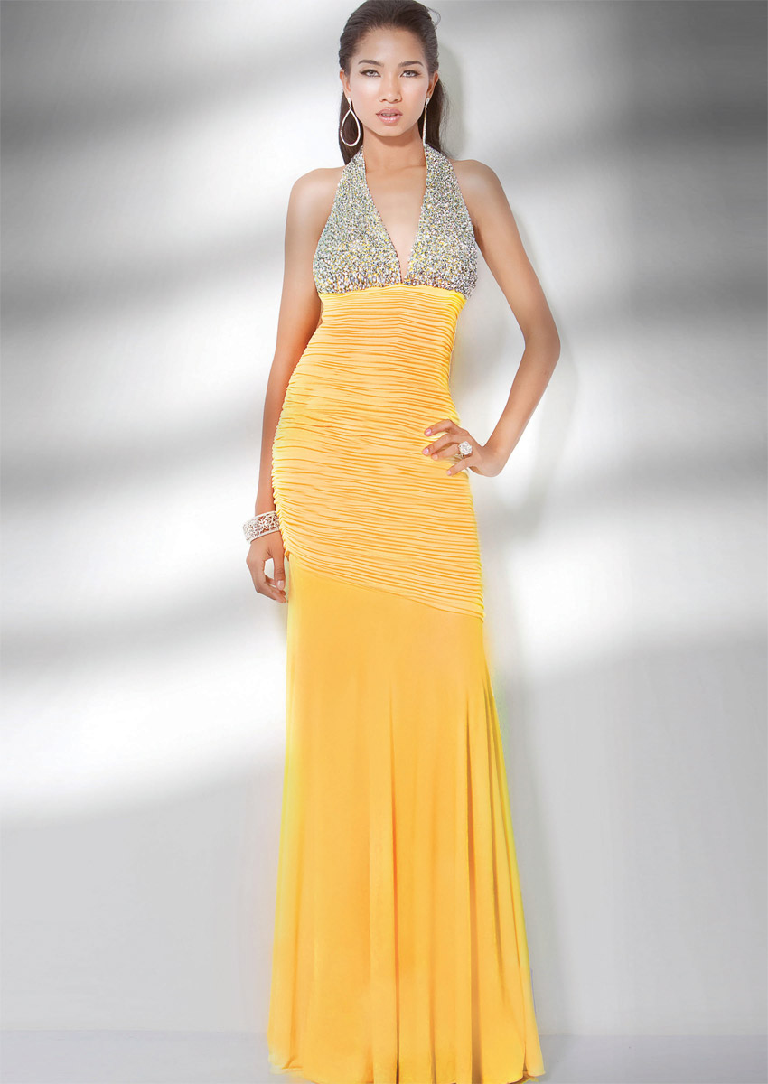 Yellow Mermaid Halter and V-Neck Low Back Sequins Ruches Floor Length ...