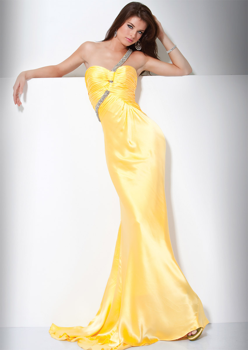 Yellow One Shoulder Open Back Sweep Train Full Length Sheath Celebrity ...